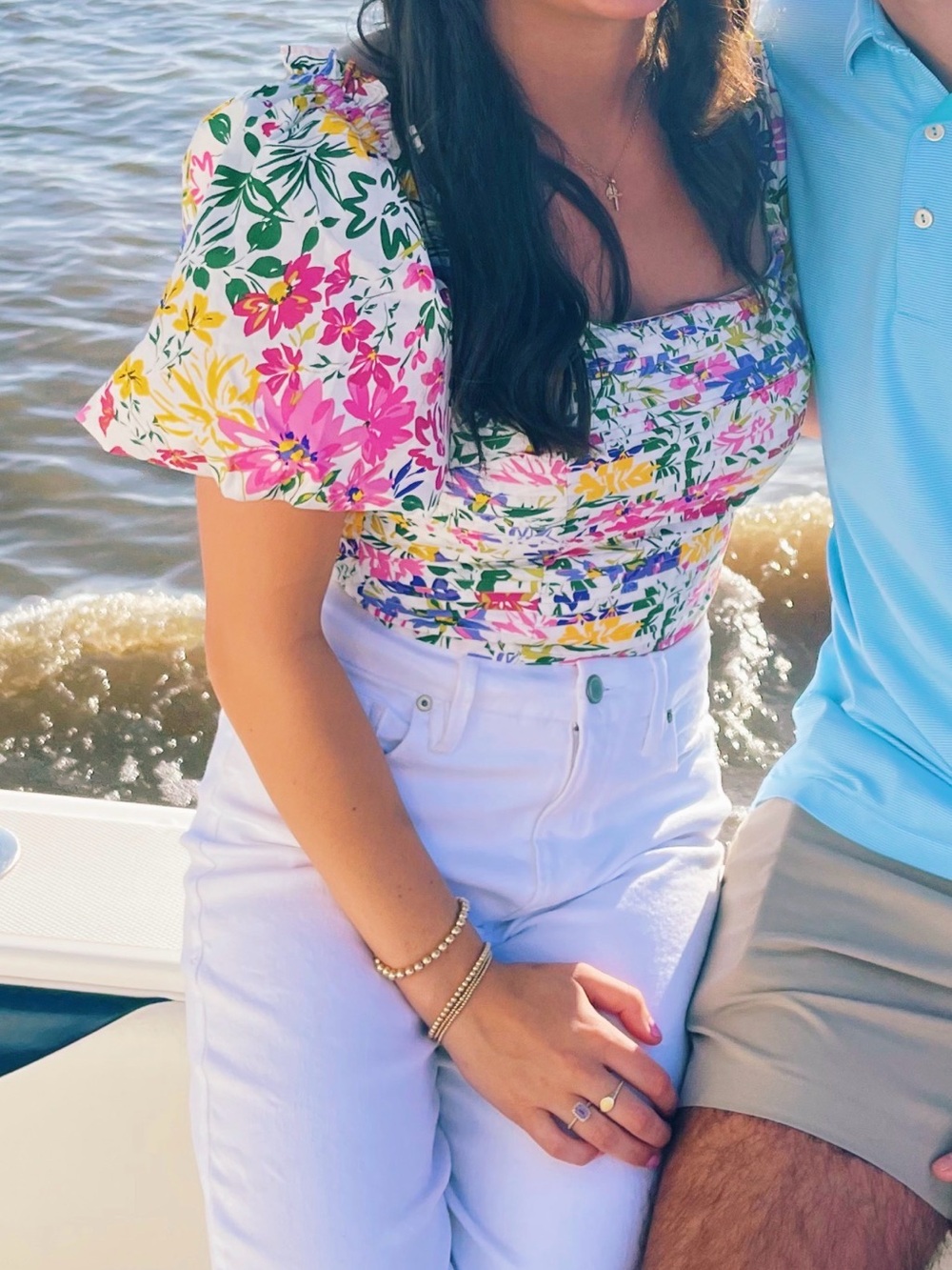 Astr White Floral Puff-Sleeve Smocked Crop Top with Pink, Yellow & Purple